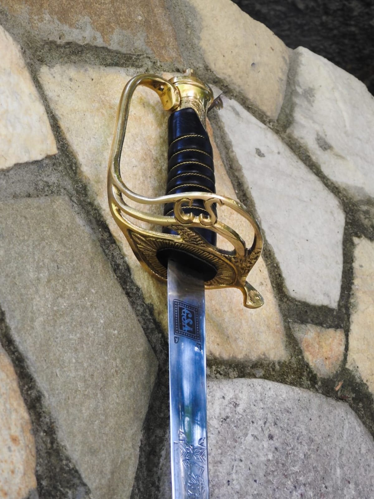 Confederate Cavalry Officers Sword With Itching Steel Scabbard Has Black Finish And Brass Fittings